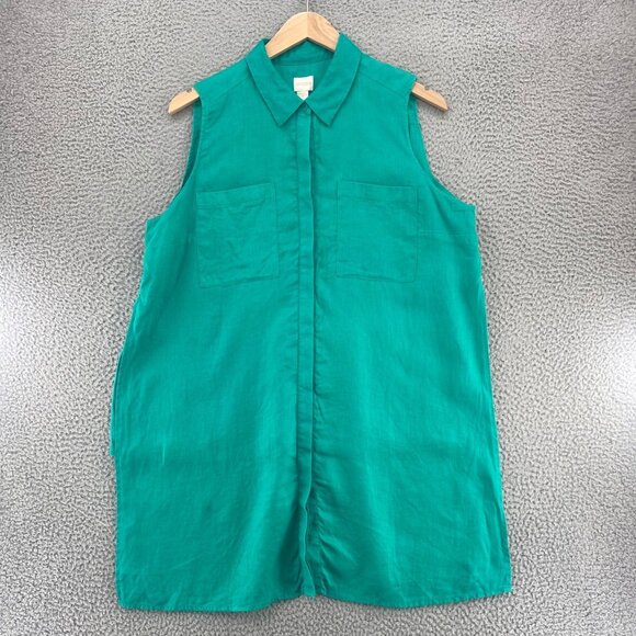 Chicos Top Womens 3 US XL Linen Green Button Up Collar Sleeveless Tunic Slit - Picture 1 of 9